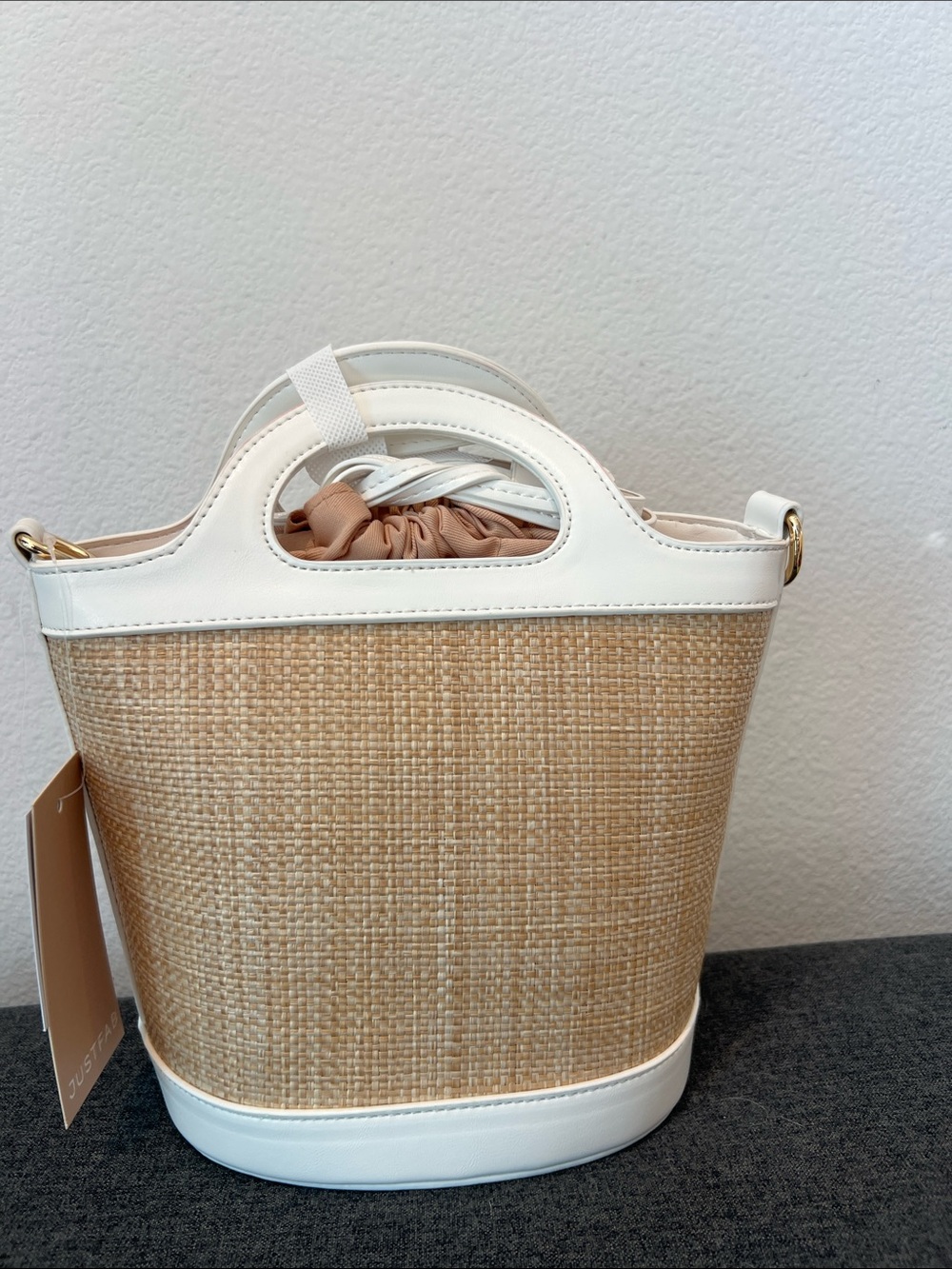 White & Natural Straw Bucket Bag with Drawstring comes wirh Crossbody straps